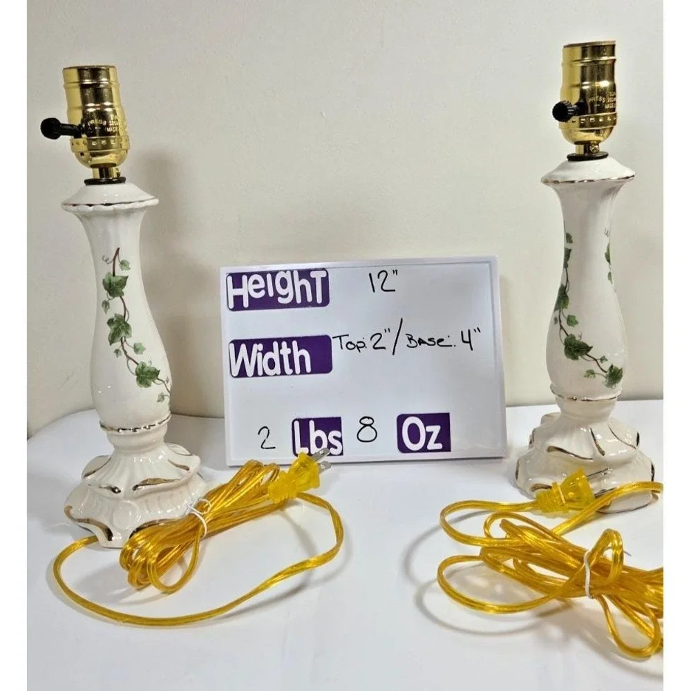 Pair of Vtg Leviton Hand Painted Green Ivy‎ Porcelain w/New Cords